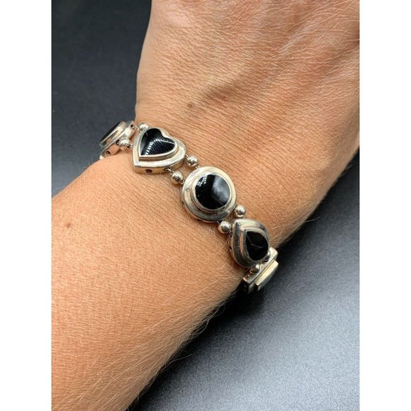 Sliding charms bracelet Black Onyx Sterling Silver vintage hearts and geometric - Picture 4 of 5